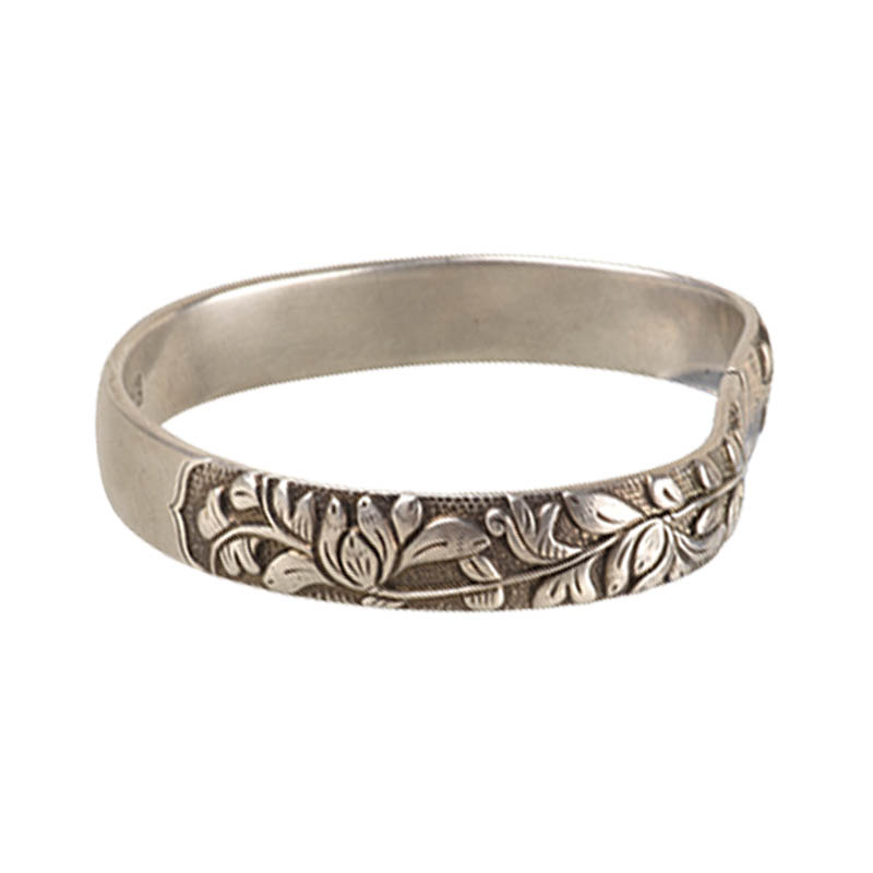 Vintage Distressed Silver Bracelet With Floral Motifs High Relief Bracelet Ethnic Silver Jewelry