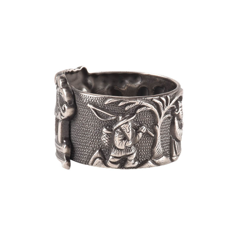 Pure Silver Ring S990 Fisherman, Woodcutter, Farmer And Scholar Totem Ring Retro Craft Figure High Relief Ethnic Style Silver Jewelry