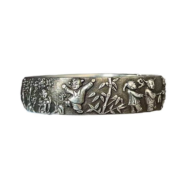 A Vintage High-Relief Bracelet Featuring A Playful Image Of Children, Auspicious And Auspicious, High-Relief Ethnic Silver Jewelry
