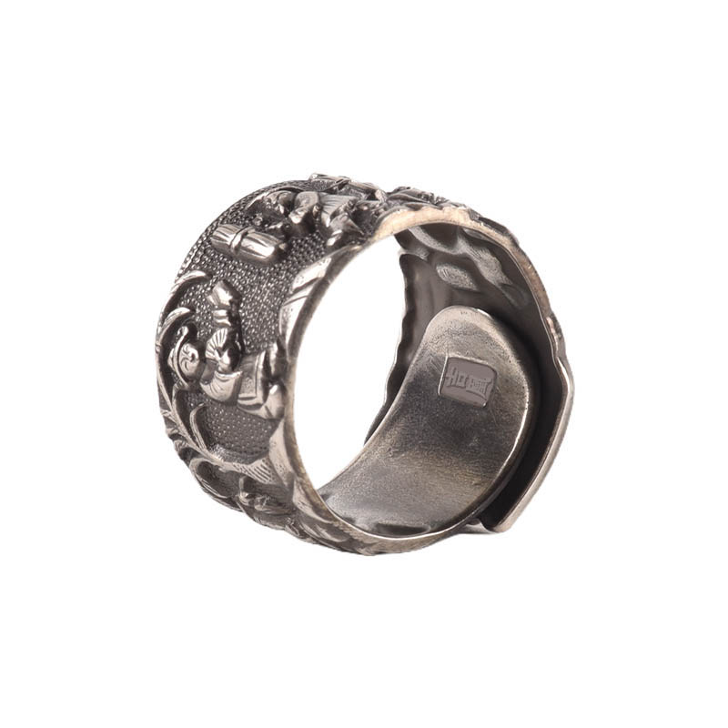 Pure Silver Ring S990 Fisherman, Woodcutter, Farmer And Scholar Totem Ring Retro Craft Figure High Relief Ethnic Style Silver Jewelry