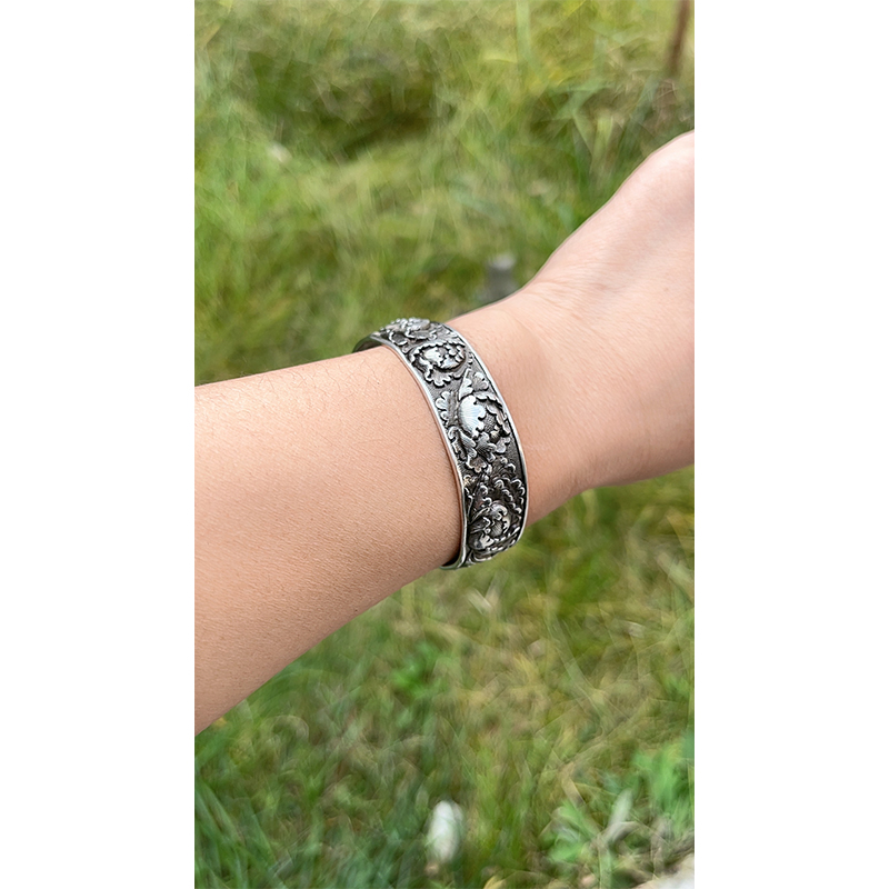 Vintage Peony Silver Bangle