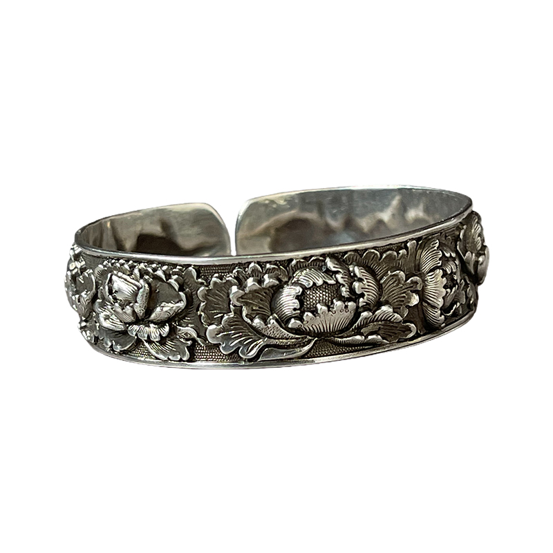 Vintage Peony Silver Bangle