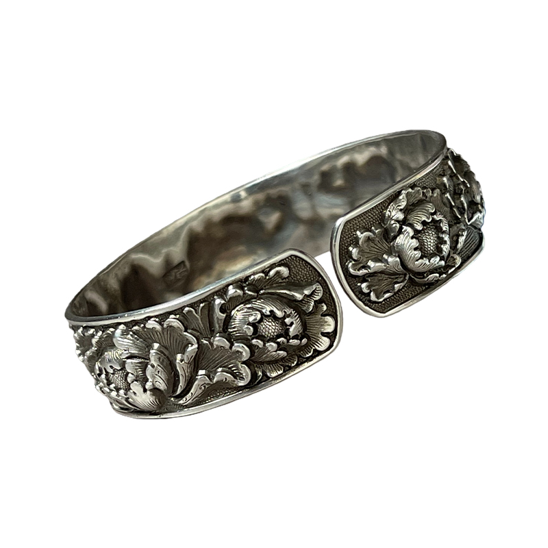 Vintage Peony Silver Bangle