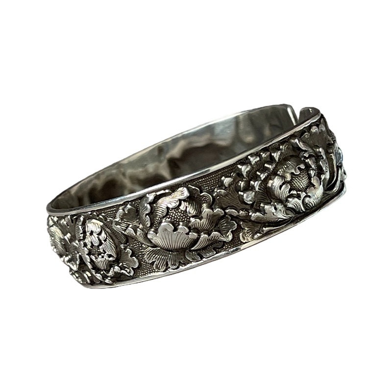 Vintage Peony Silver Bangle