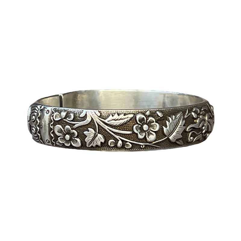 Retro Blooming Prosperity Pure Silver Bangle
