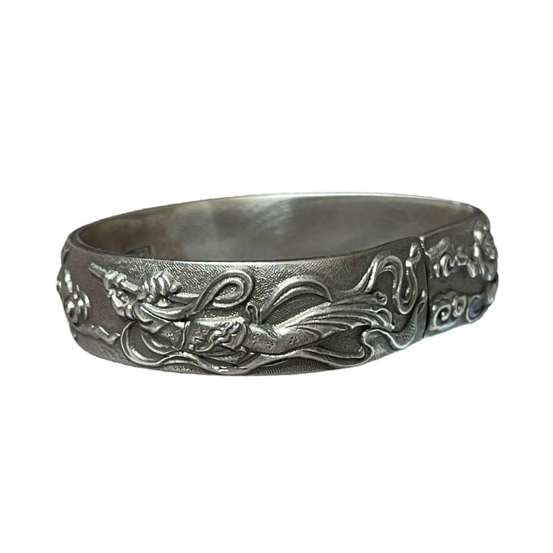 Retro Flying Apsaras Pure Silver Bangle