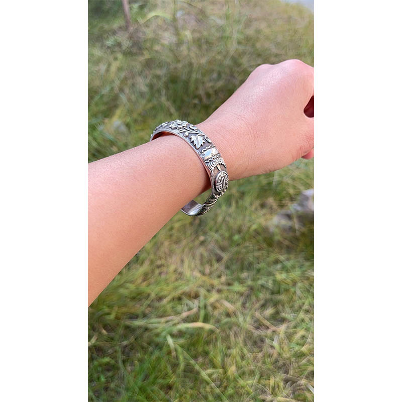 Retro Blooming Prosperity Pure Silver Bangle