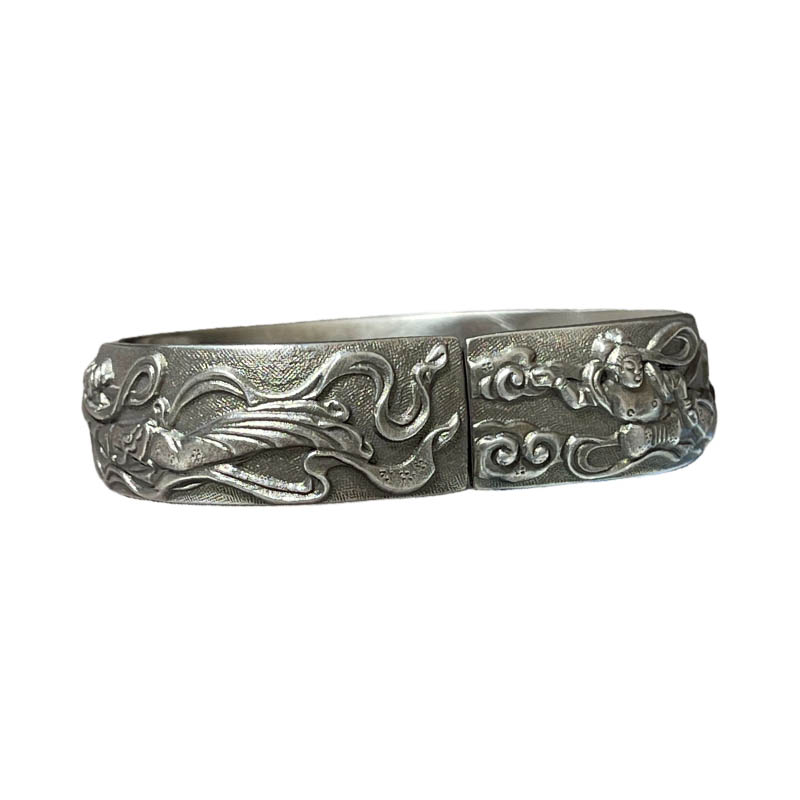 Retro Flying Apsaras Pure Silver Bangle