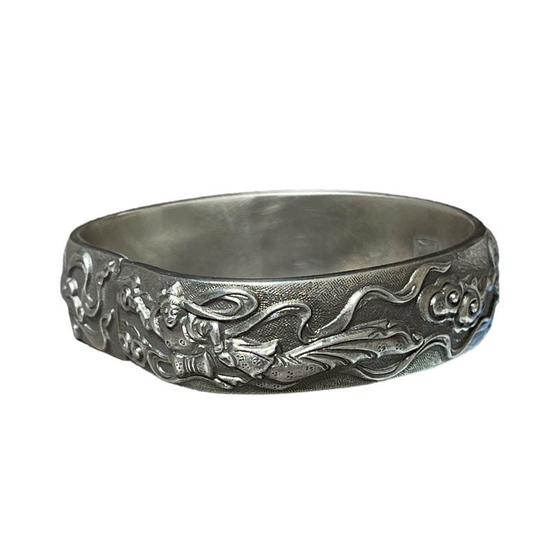 Retro Flying Apsaras Pure Silver Bangle
