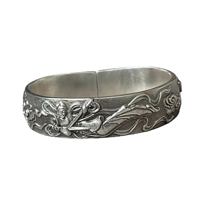 Retro Flying Apsaras Pure Silver Bangle