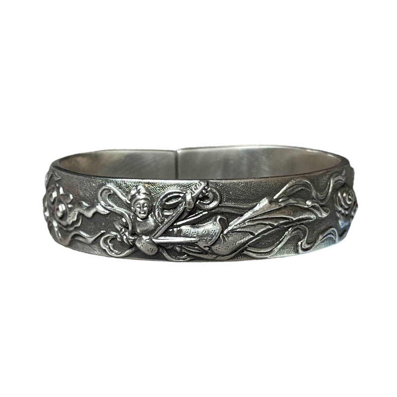 Retro Flying Apsaras Pure Silver Bangle