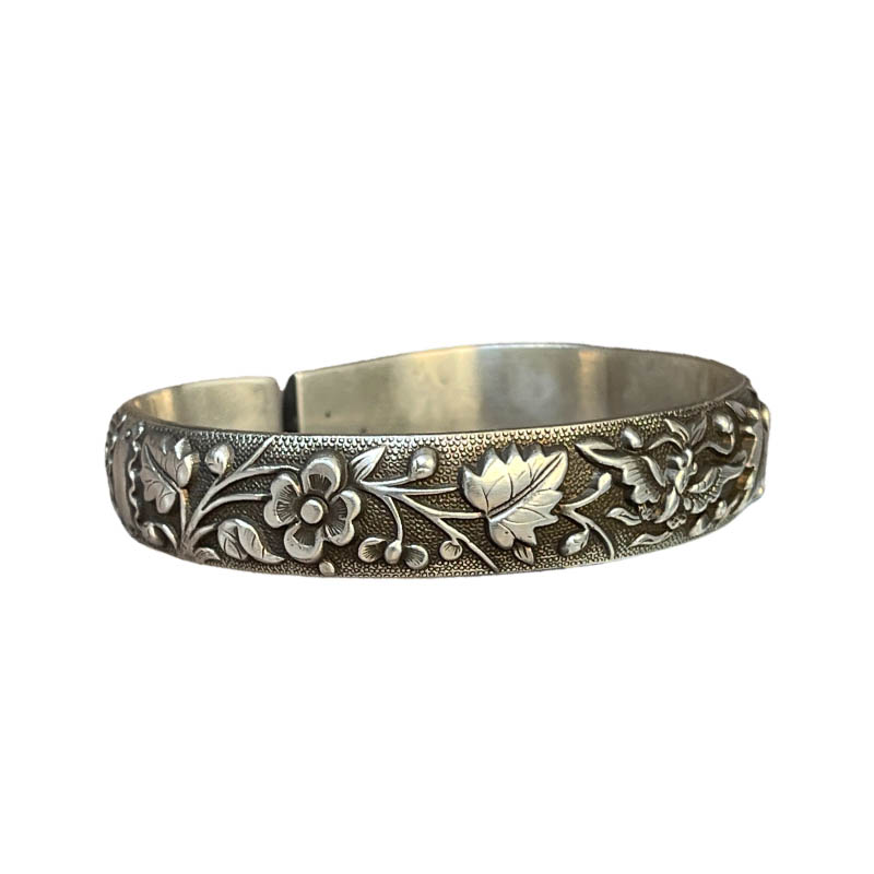 Retro Blooming Prosperity Pure Silver Bangle