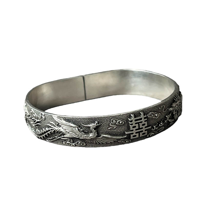 Dragon and Phoenix Auspicious Sterling Silver Bangle