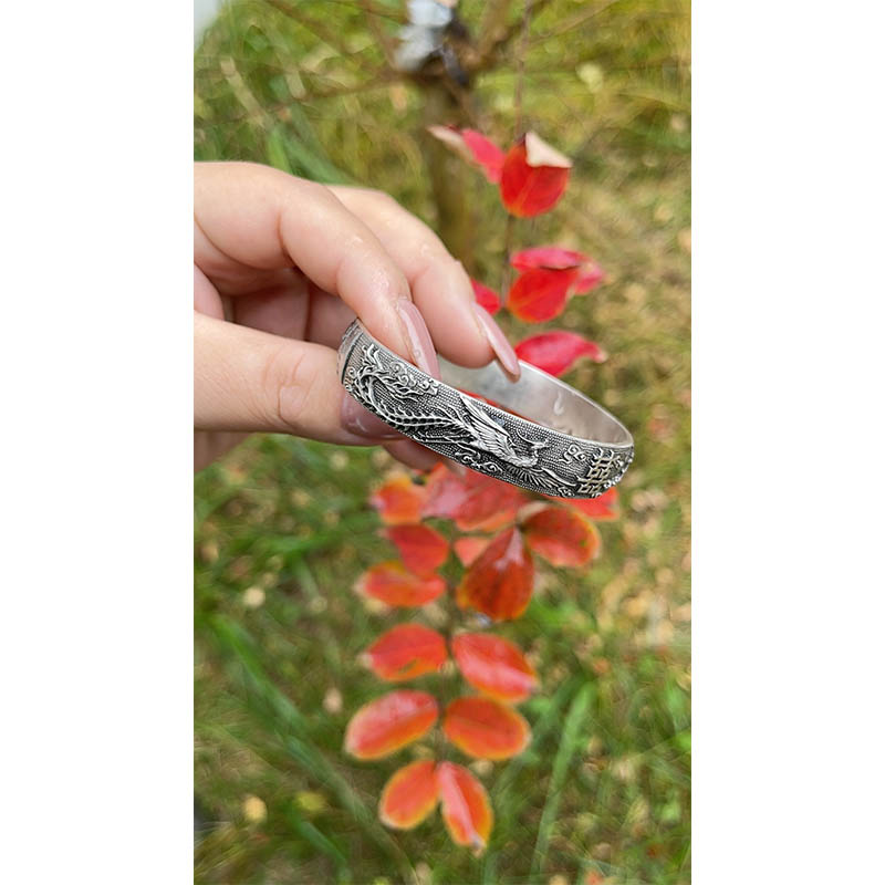 Dragon and Phoenix Auspicious Sterling Silver Bangle
