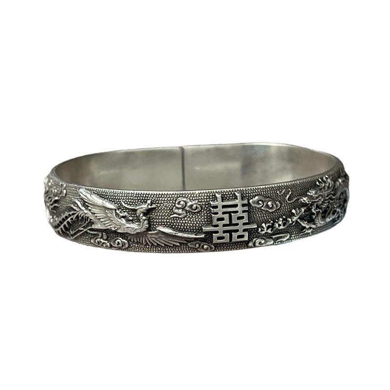 Dragon and Phoenix Auspicious Sterling Silver Bangle