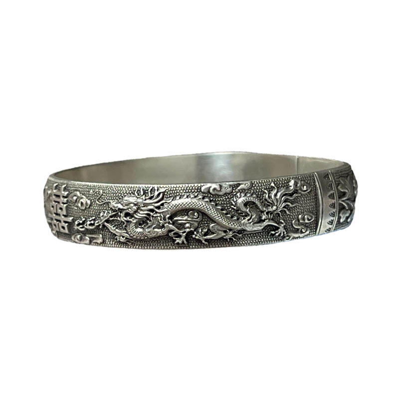 Dragon and Phoenix Auspicious Sterling Silver Bangle