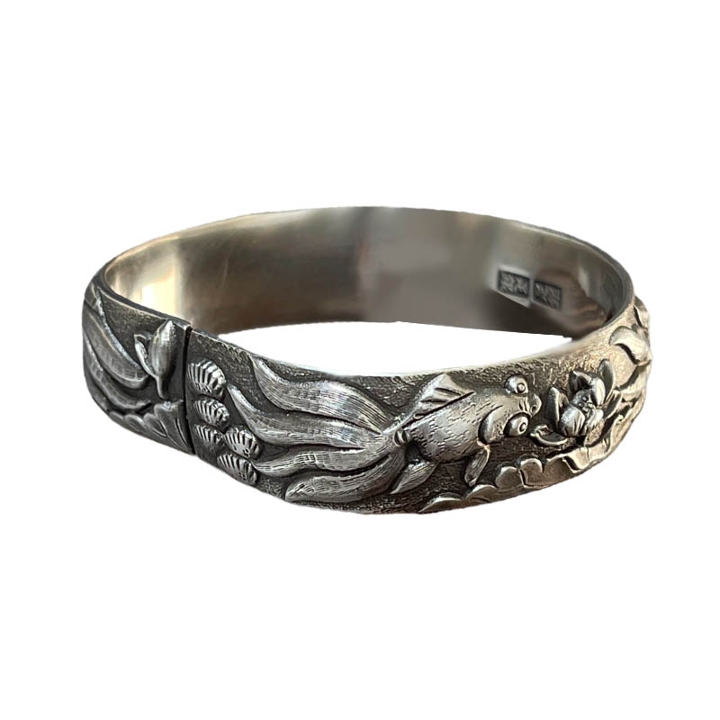 Vintage Fish And Lotus Pure Silver Bangle