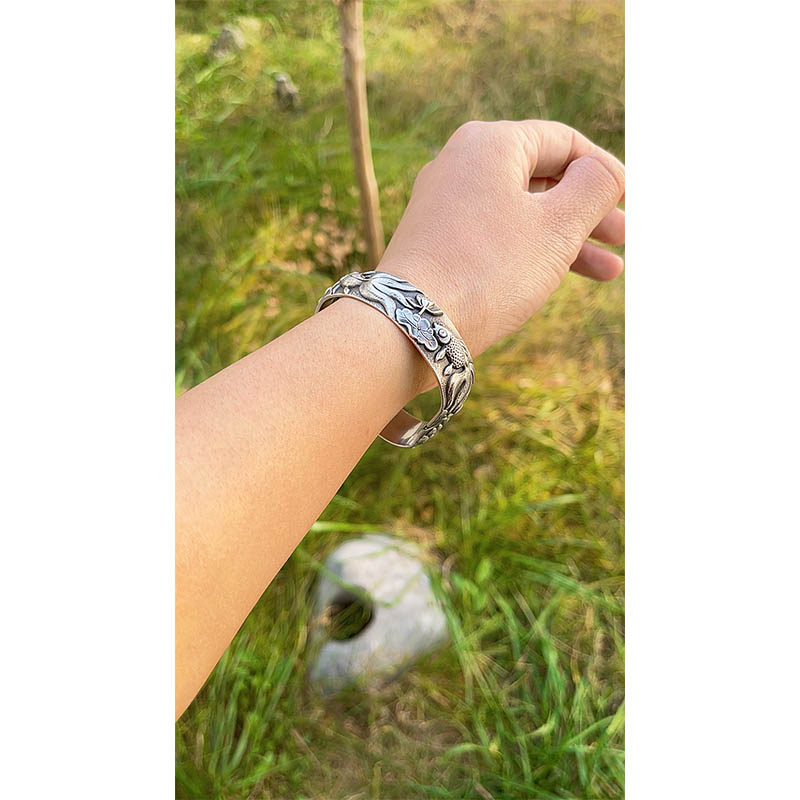 Vintage Fish And Lotus Pure Silver Bangle