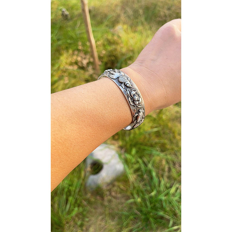 Vintage Fish And Lotus Pure Silver Bangle