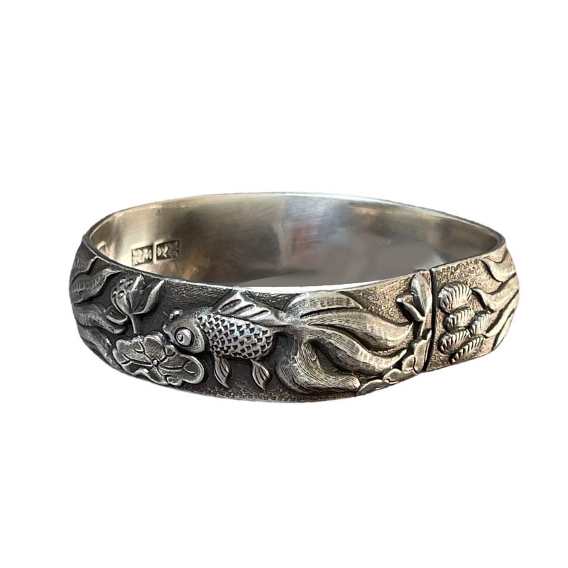 Vintage Fish And Lotus Pure Silver Bangle