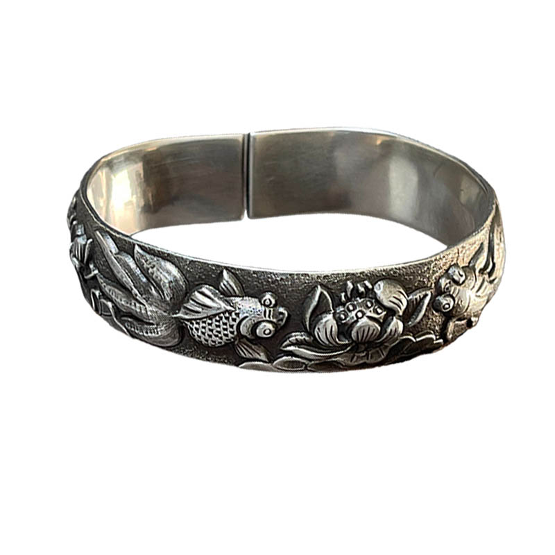 Vintage Fish And Lotus Pure Silver Bangle