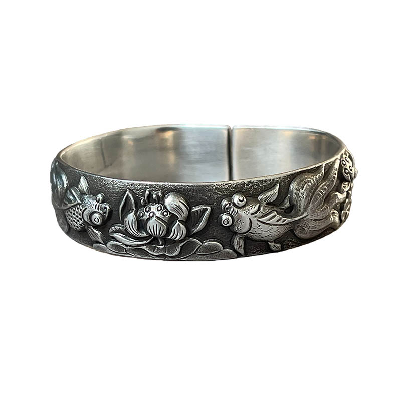 Vintage Fish And Lotus Pure Silver Bangle