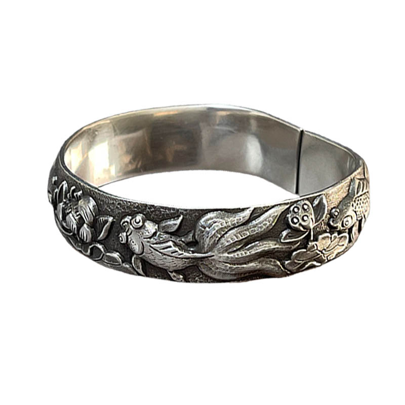 Vintage Fish And Lotus Pure Silver Bangle