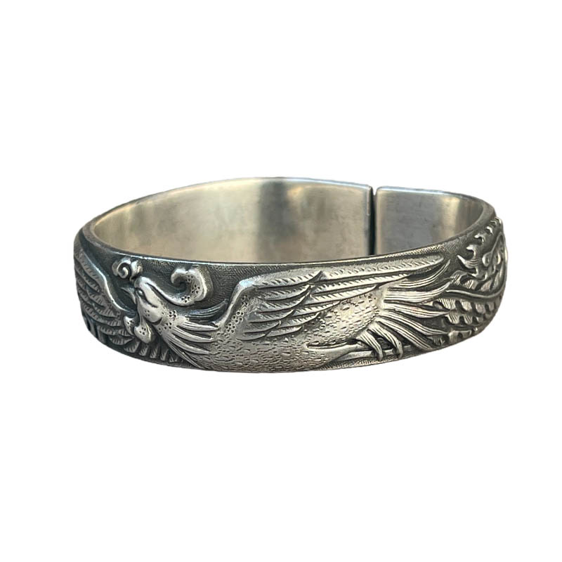 Vintage Phoenix and Peony Motif Sterling Silver Bangle