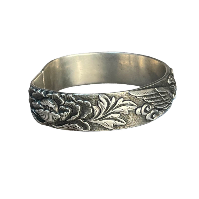 Vintage Phoenix and Peony Motif Sterling Silver Bangle
