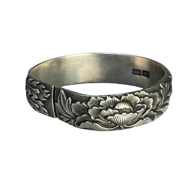 Vintage Phoenix and Peony Motif Sterling Silver Bangle