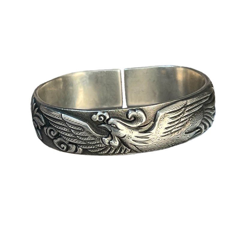 Vintage Phoenix and Peony Motif Sterling Silver Bangle