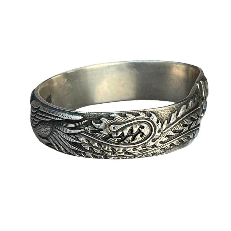 Vintage Phoenix and Peony Motif Sterling Silver Bangle