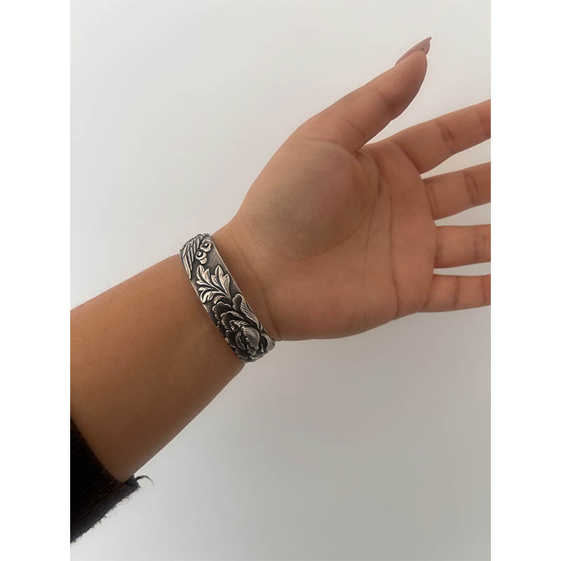 Vintage Phoenix and Peony Motif Sterling Silver Bangle