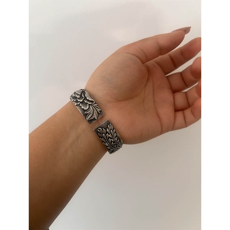 Vintage Phoenix and Peony Motif Sterling Silver Bangle