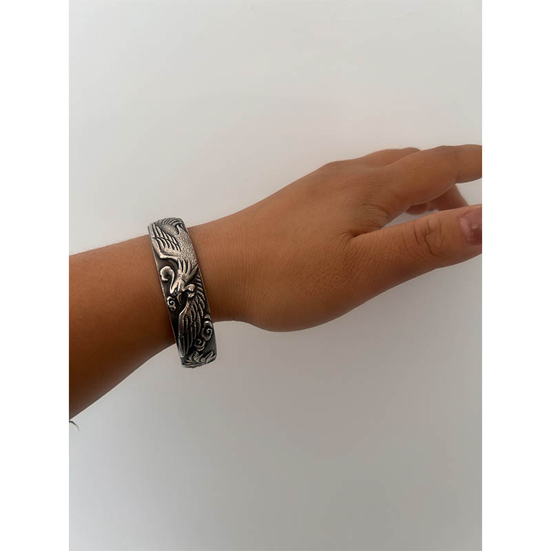 Vintage Phoenix and Peony Motif Sterling Silver Bangle