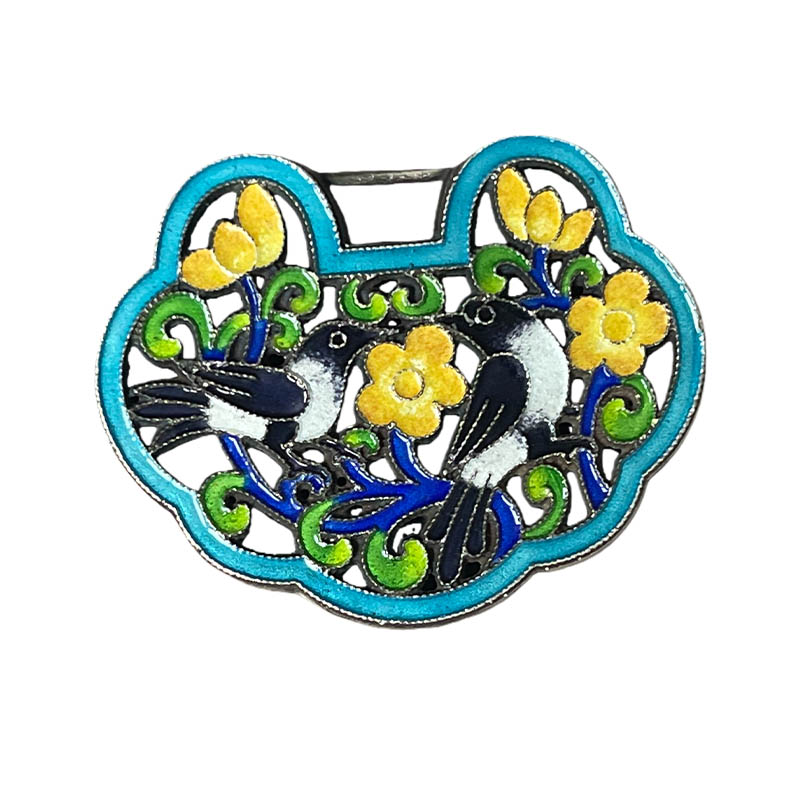 Magpie Perching on Plum Blossom Openwork Enamel Silver Locket